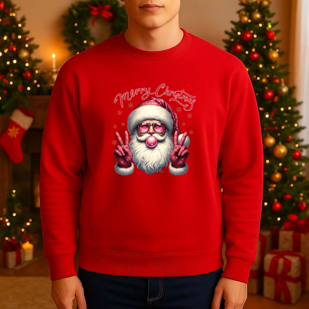 Sweatshirt Estampa De Natal Papai Noel Rosa